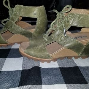 Sorel | Green Women’s Joanie Lace-Up Leather Wedge Sandal Heels Size 7.5 Ladies